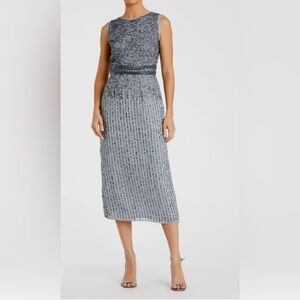 Gray Sleeveless High Neck Beaded Midi Sheath Dress